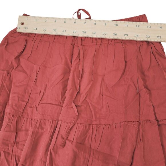 Women's  Pleated Midi  Skirt Drawstring Elastic Waist Red Red Brown Medium - Picture 7 of 8